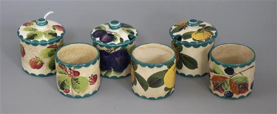 Six Wemyss preserve pots, three covers, fruit designs tallest 7cm